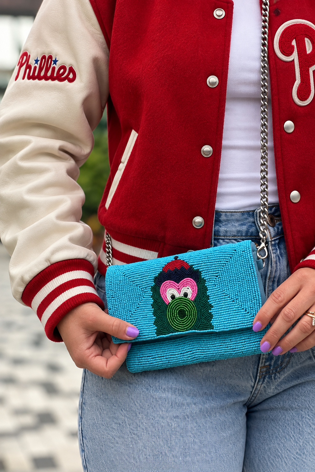 Light blue Philadelphia baseball mascot beaded stadium-approved clutch