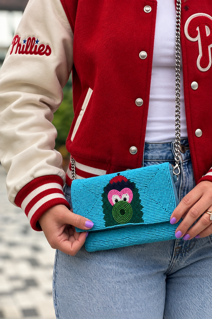Light blue Philadelphia baseball mascot beaded stadium-approved clutch