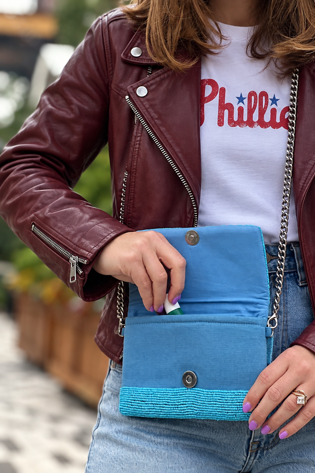 Light blue Philadelphia baseball mascot beaded stadium-approved clutch