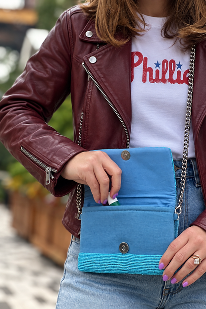 Light blue Philadelphia baseball mascot beaded stadium-approved clutch
