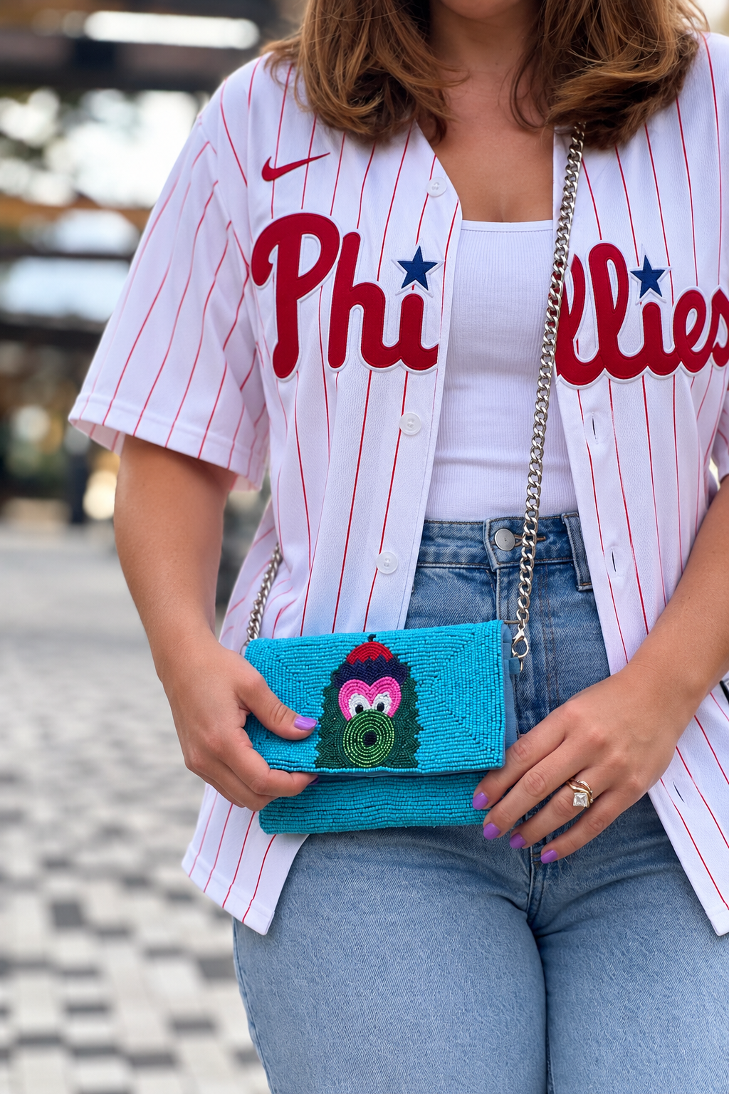 Light blue Philadelphia baseball mascot beaded stadium-approved clutch