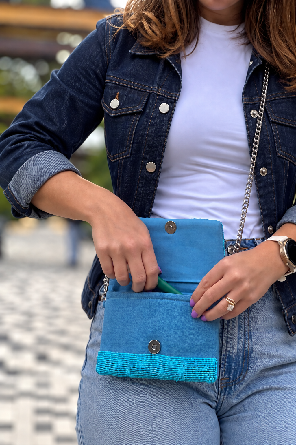 Light blue Philadelphia baseball mascot beaded stadium-approved clutch