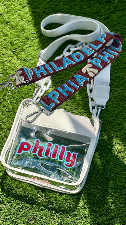 PHILADELPHIA Burgundy and Powder Blue strap with philly clear bag