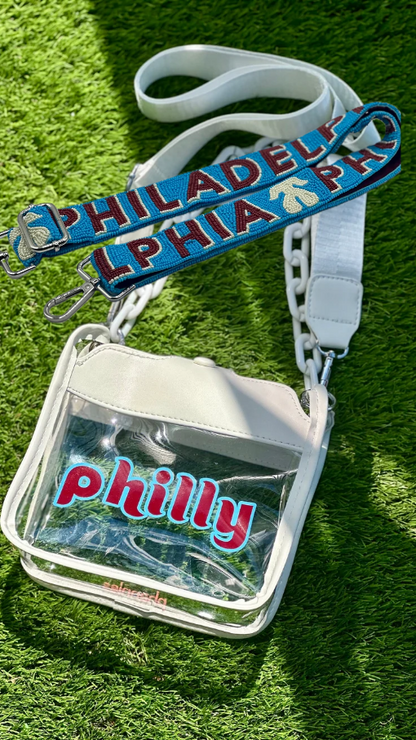 PHILADELPHIA Powder Blue and Burgundy strap with philly clear bag