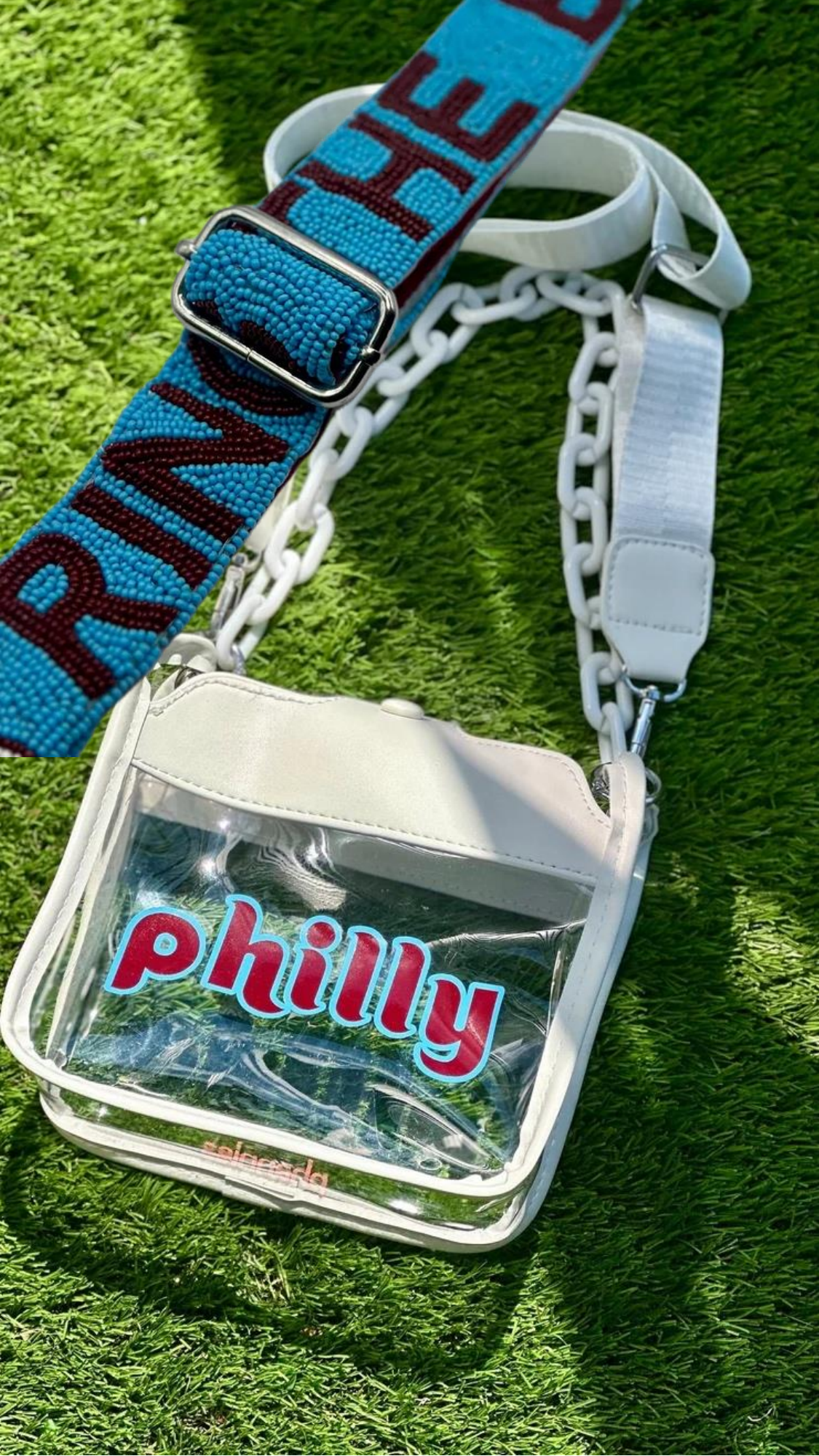 RING THE BELL Powder Blue and Burgundy strap with philly clear bag