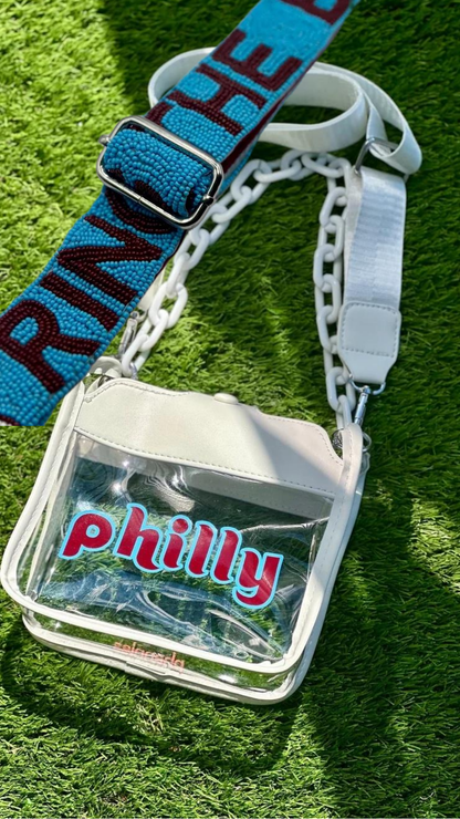 RING THE BELL Powder Blue and Burgundy strap with philly clear bag
