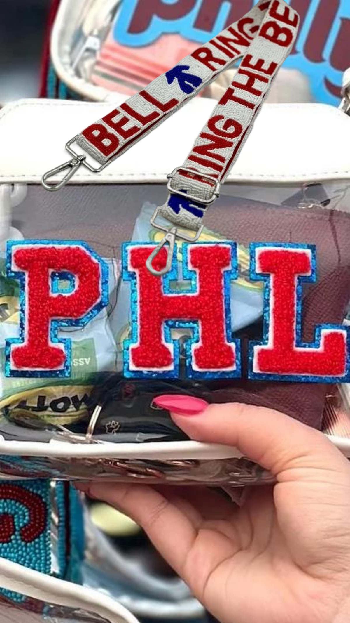 PHL Felt Letter Combo with White and Red RING THE BELL beaded strap