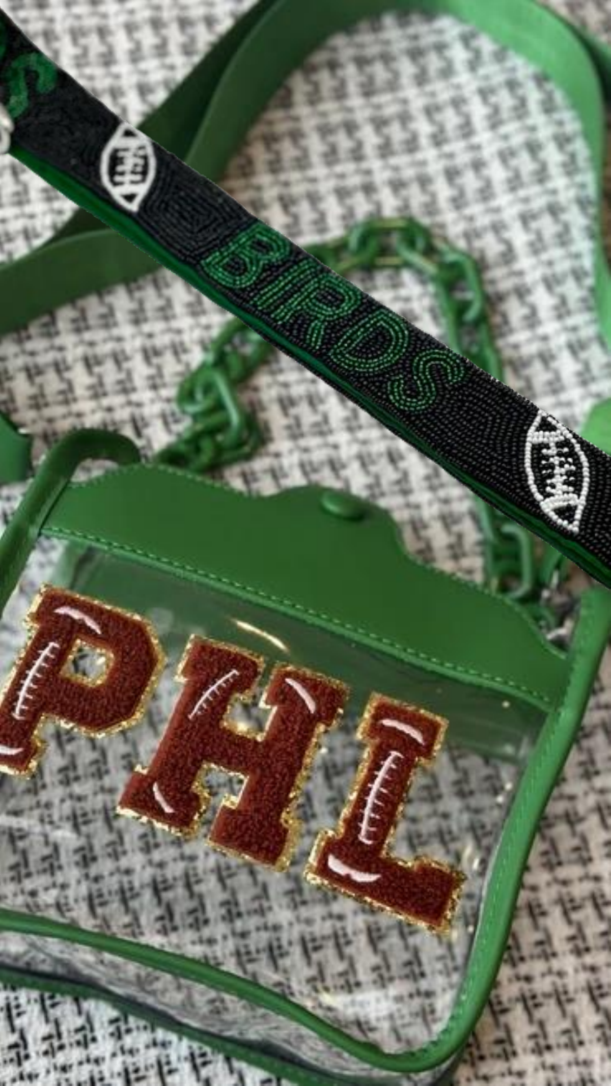 PHL Green Felt Letter Combo with Black and Green BIRDS beaded strap