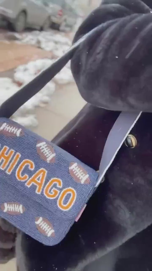 Chicago Football Navy "CHICAGO" Beaded Shoulder Bag – Handmade Shoulder Bag | Game Day Fashion | NOT Stadium Approved