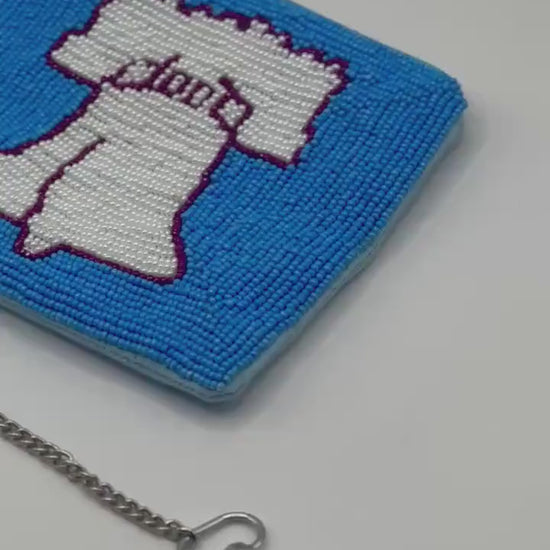 Philadelphia Liberty Bell Beaded Coin Purse – Powder Blue & White | Stadium Approved | Game Day Bag | Handmade Philly Pouch