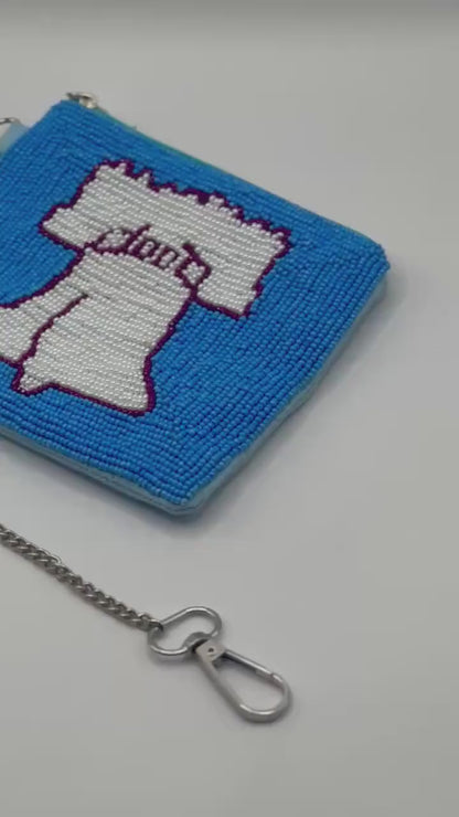 Philadelphia Liberty Bell Beaded Coin Purse – Powder Blue & White | Stadium Approved | Game Day Bag | Handmade Philly Pouch