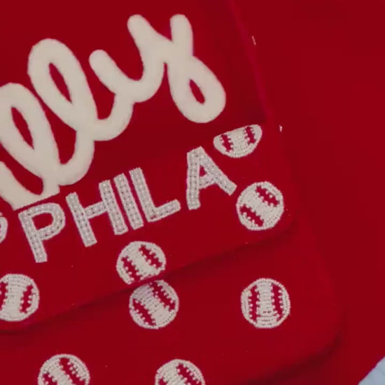 PHILA Red and White Baseball Beaded Shoulder Bag – Handmade Shoulder Bag | Game Day Fashion | NOT Stadium Approved
