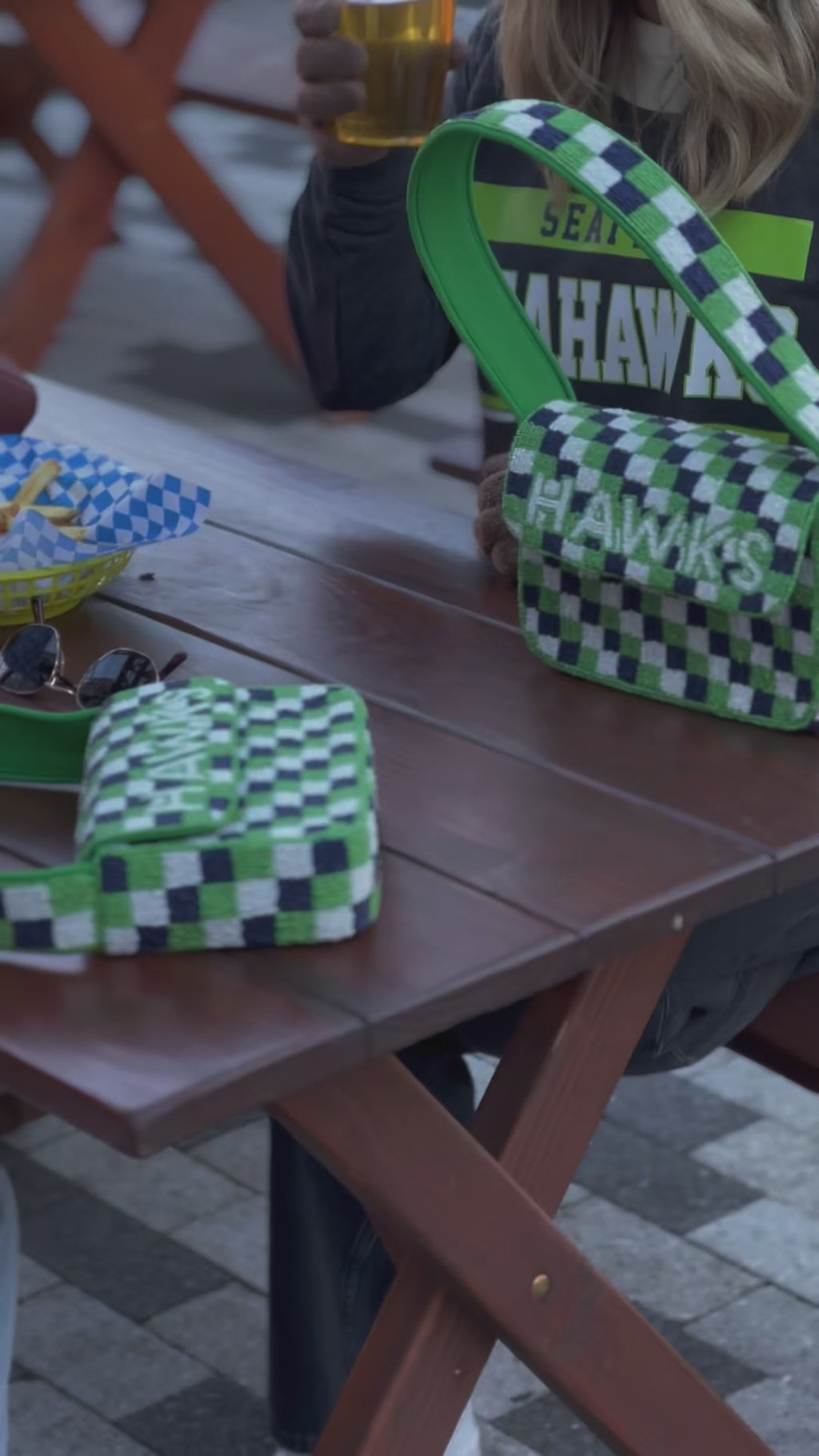 *PRE-ORDER* Seattle Football | Green & Blue Checkered 'HAWKS' Beaded Bag