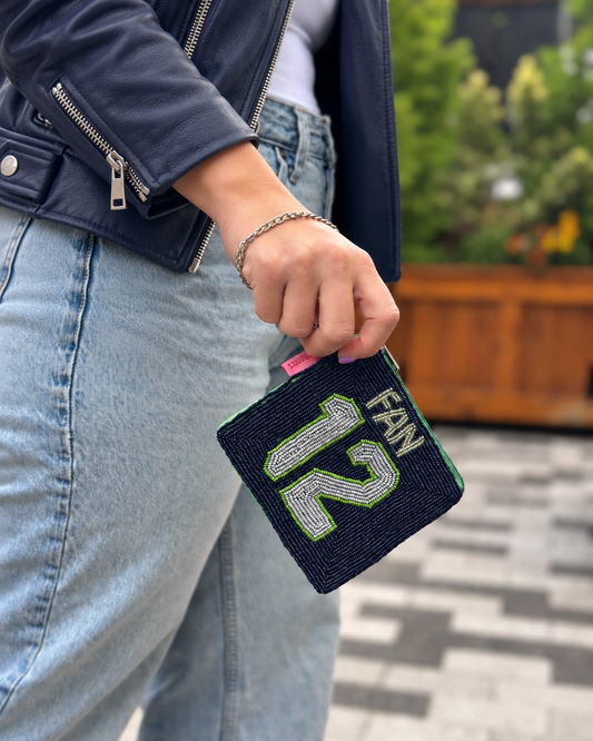 Seattle FAN 12 beaded coin purse styled with navy leather jacket