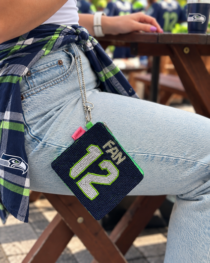 Seattle FAN 12 beaded coin purse styled with plaid shirt at game day table